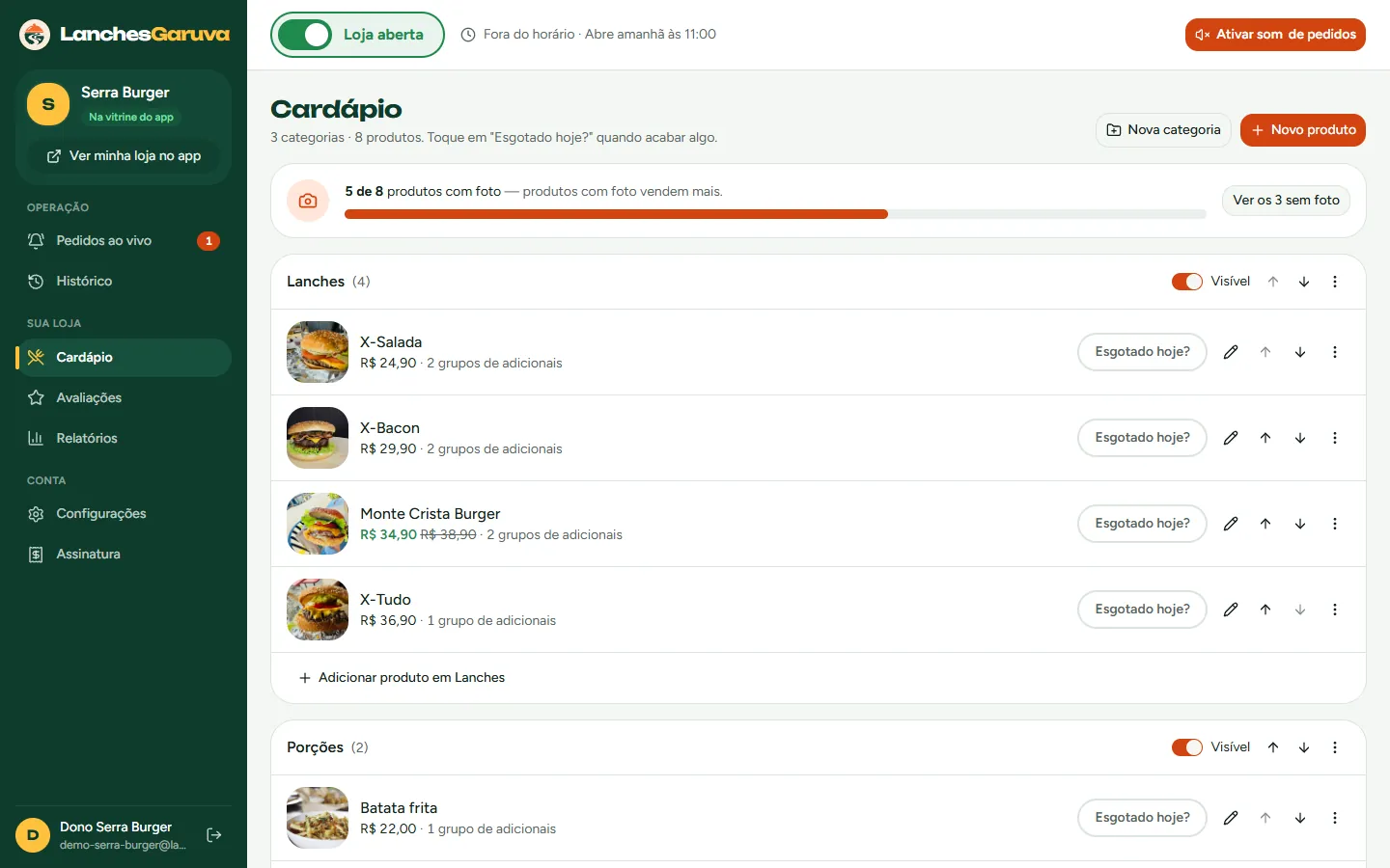 Tela do cardápio no painel com os lanches, fotos, preços e o botão Esgotado hoje