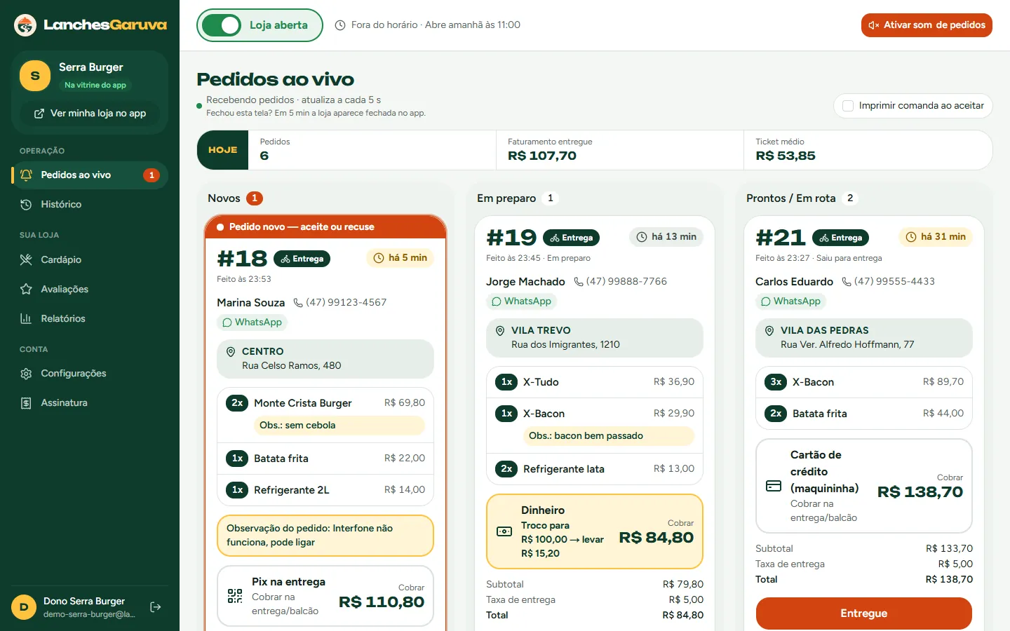 Painel de pedidos ao vivo com colunas de novos, em preparo e prontos, cada pedido com endereço, itens e forma de pagamento